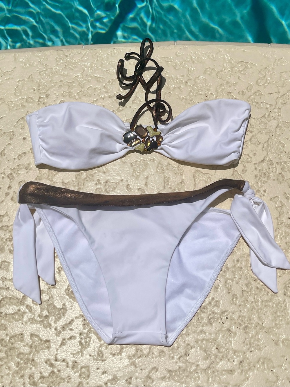 Sauvage White Bikini Set S - Gold Hardware & Metallic Trim